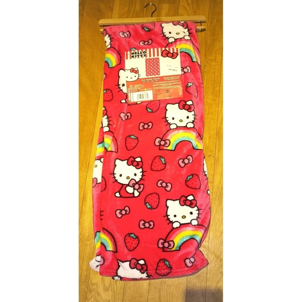 Hello Kitty Plush Throw Blanket 50"x70" Sanrio  HK Rainbows Strawberries Red